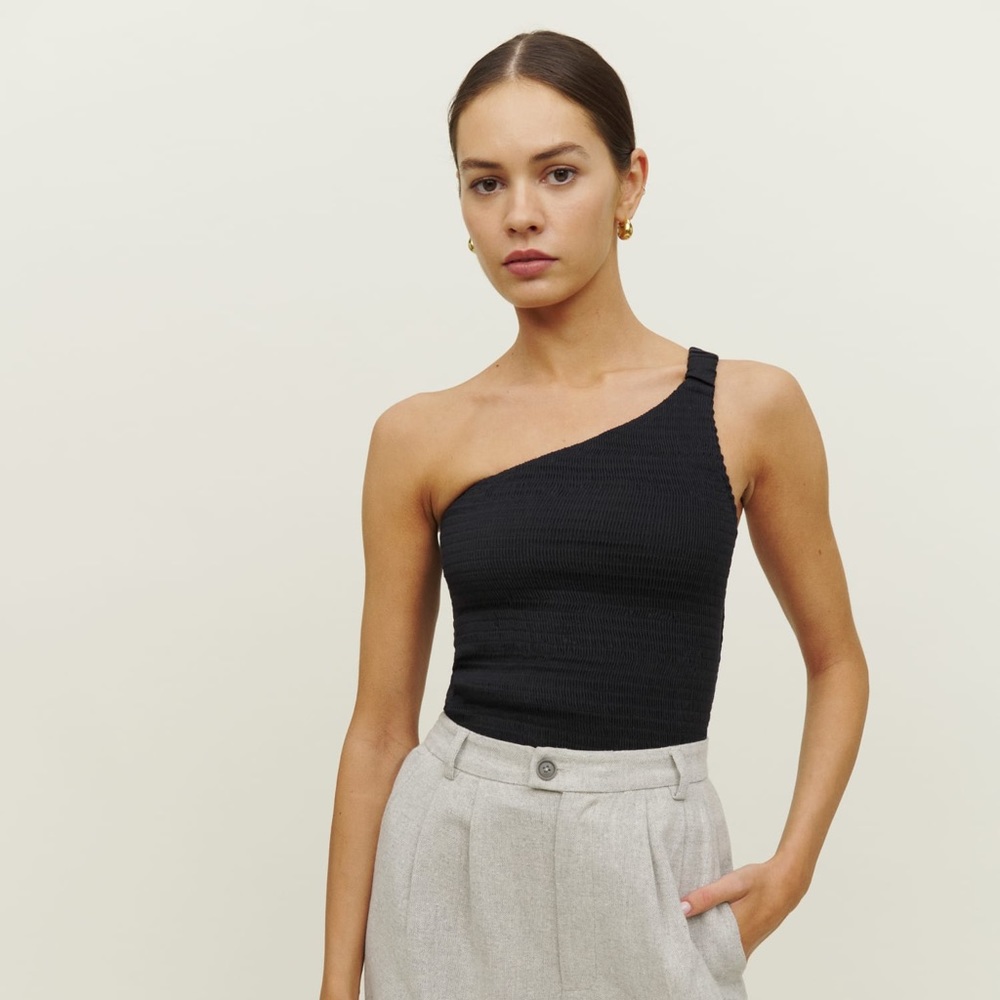 Reformation XS Holly Black Linen One Shoulder Ruched Blouse